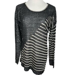 Escio Women's Black Sequin Asymmetrical Stripe Knit Sweater Size M Long Sleeves